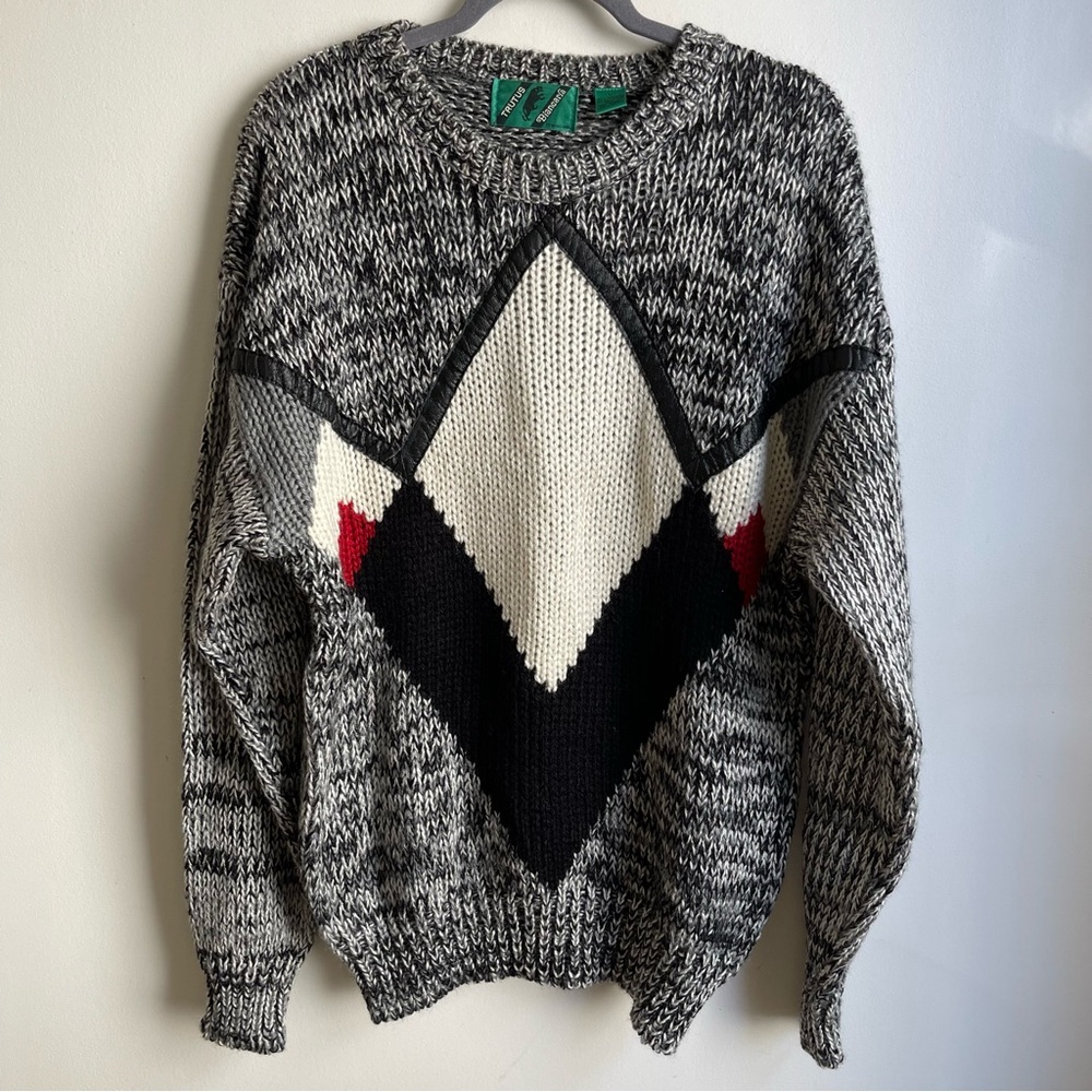 Vintage Trutus Biancarra Men’s Sweater Black White Red Faux Leather Korea Large